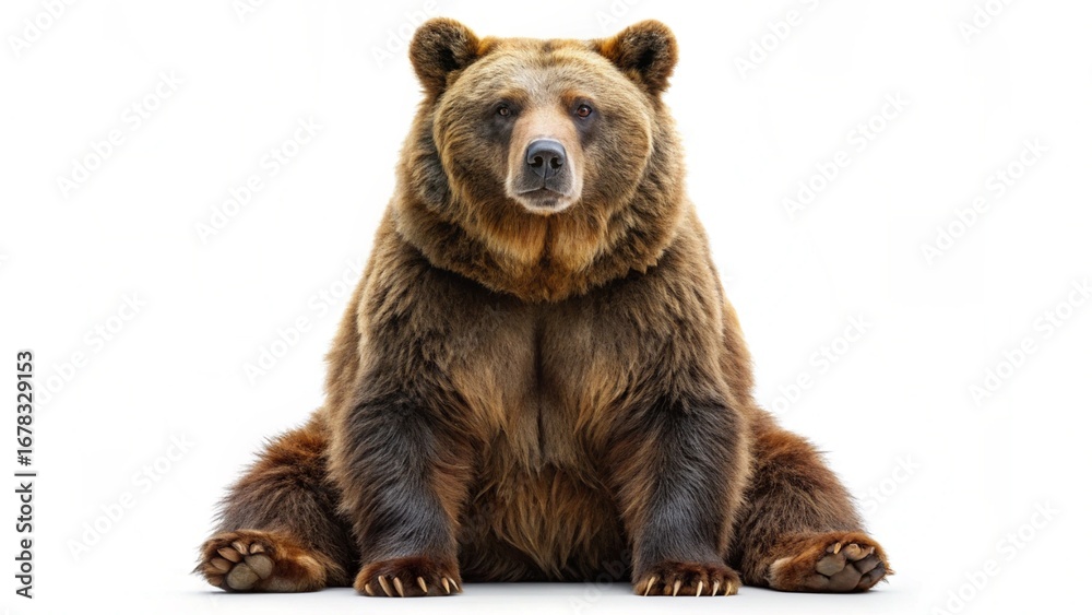 Obraz premium A cute brown bear cub with a wild, furry head is isolated on a white background