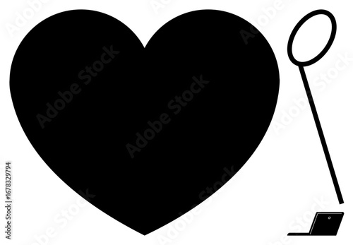 A magnifying glass examining a large black heart shape, signifying focus on love, health, or passion. Ideal for themes of care, empathy, relationships, health, attention investigation simple flat