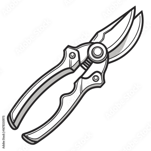 A detailed illustration of a pair of gardening pruning shears with sharp blades and ergonomic handles