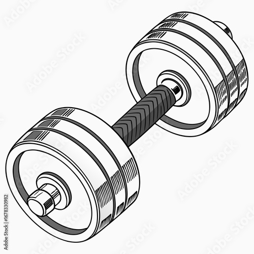 A detailed black and white illustration of a single adjustable dumbbell with textured grip and weight plates