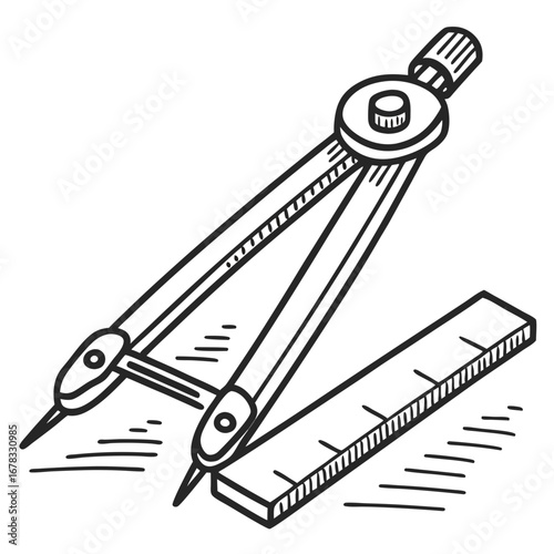 A hand drawn illustration of a drafting compass and a ruler on a white background