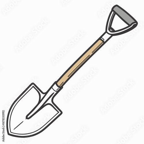 A hand drawn illustration of a garden spade with a wooden handle and d shaped grip