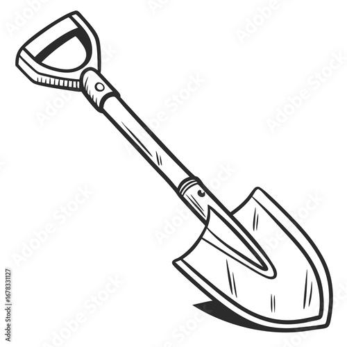 Black and white illustration of a garden spade with a comfortable d shaped handle for digging and gardening tasks