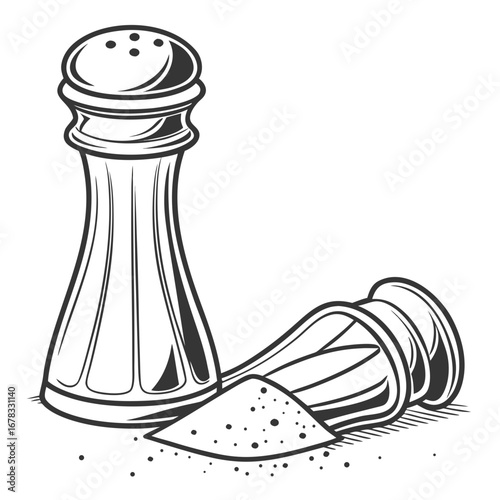 Classic black and white illustration of salt and pepper shakers with spilled seasoning on a white background