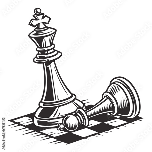 Black and white illustration of a triumphant chess king standing over a fallen opponent on a chessboard