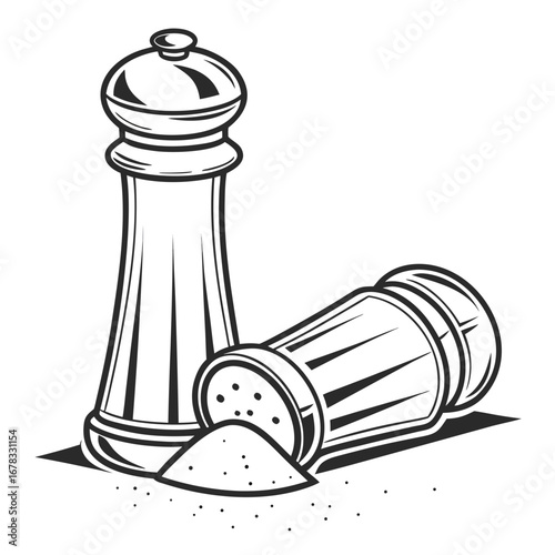 Classic black and white illustration of a salt and pepper shaker set with spilled seasoning