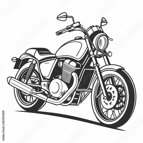 Classic american cruiser motorcycle illustration in black and white line art style