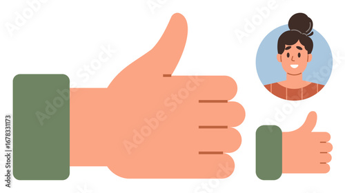 Two thumbs-up gestures, one large and one small, beside a smiling woman. Ideal for approval, success, teamwork, recognition, positive attitude encouragement online interaction. Simple flat metaphor