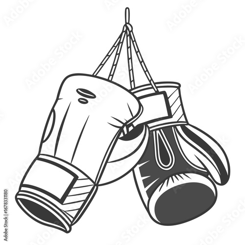 Classic black and white boxing gloves hanging by laces ready for a fight