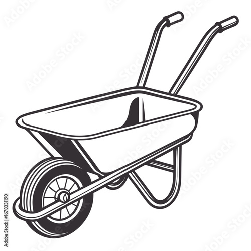 Classic black and white illustration of a single wheelbarrow with a metal tray and handles