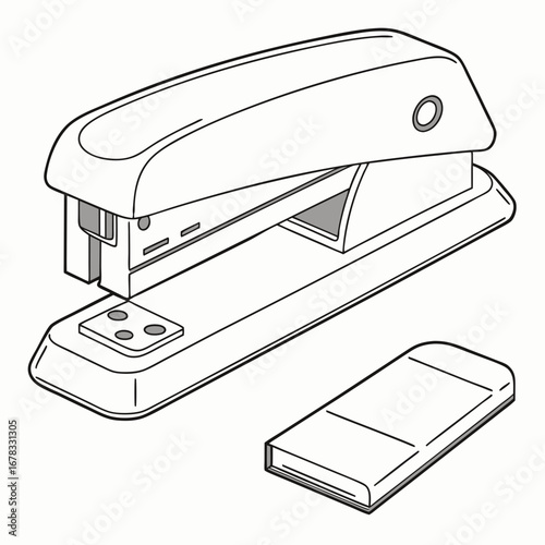 Clean line art illustration of a modern office stapler and a stack of staples on a white background