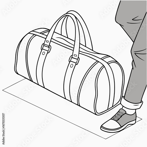Close up of a person s leg and foot next to a duffel bag on a white background
