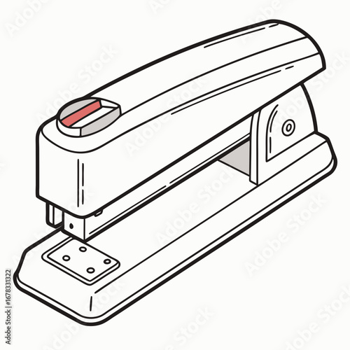 Clean line art illustration of a modern white office stapler with a red accent on a white background