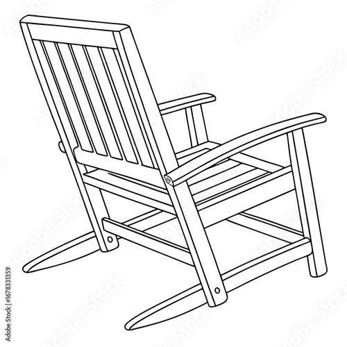Detailed black and white line drawing of a classic wooden adirondack chair viewed from the rear
