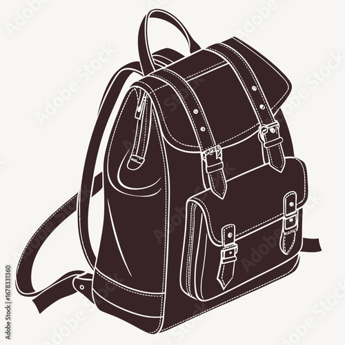 Detailed illustration of a classic brown leather backpack with buckle closures and straps against a white background