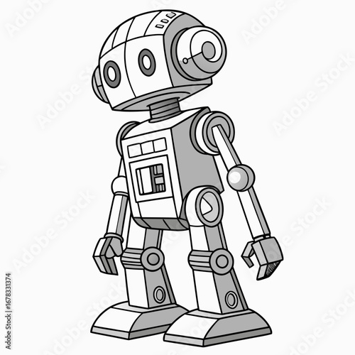 Cute cartoon robot character with a retro design and friendly appearance standing on a white background