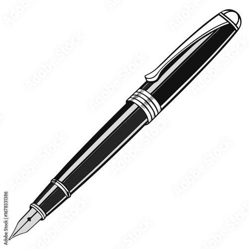 Elegant black and silver fountain pen with a classic design and metallic clip isolated on white