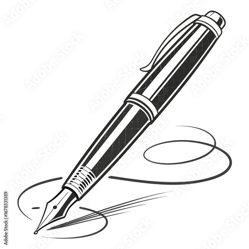 Elegant fountain pen with a stylized nib creating swirling lines and a signature flourish