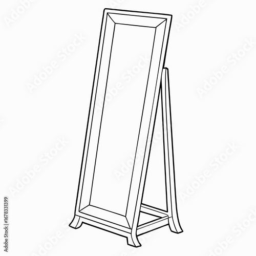 Elegant full length floor mirror with wooden frame and stable stand on white background