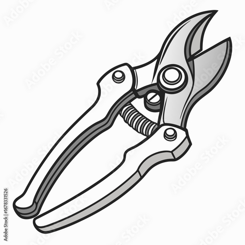 Illustration of a pair of metal pruning shears with a spring mechanism and ergonomic handles