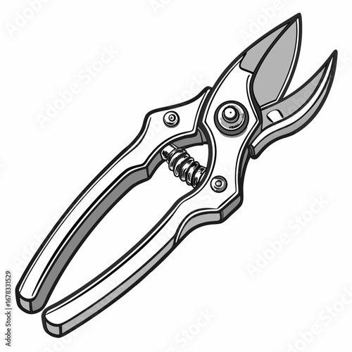 Illustration of a professional garden pruning shear tool with a spring mechanism and sharp blades
