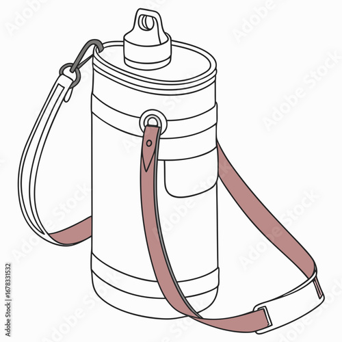 Illustration of a white water bottle with a pink strap and metal clip for carrying