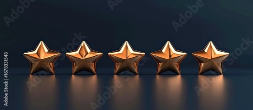 Five glowing gold stars aligned on a dark background, representing a perfect five-star rating or top-quality achievement.