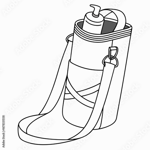 Line art illustration of a ballet bag with pointe shoes and water bottle inside