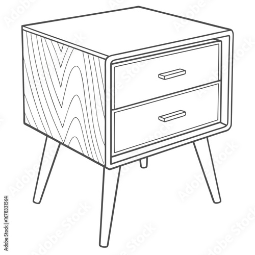 Mid century modern nightstand with two drawers and tapered legs line art illustration