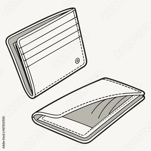 Minimalist line art illustration of an open leather wallet with card slots and a folded wallet