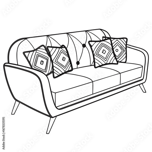 Modern black and white line art illustration of a stylish sofa with decorative geometric patterned cushions
