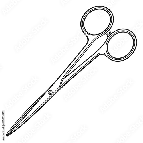 Simple black and white line drawing of surgical scissors with pointed tips on a white background