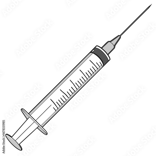 Simple illustration of a medical syringe with a sharp needle and clear barrel with measurement markings