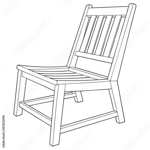 Simple outline drawing of a wooden outdoor chair with a slatted seat and back on a white background