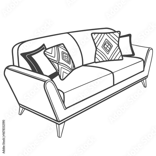 Stylish modern sofa with decorative patterned cushions in a clean line art drawing