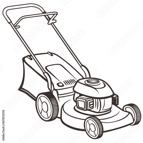 Stylized black and white line art drawing of a modern gasoline powered lawn mower