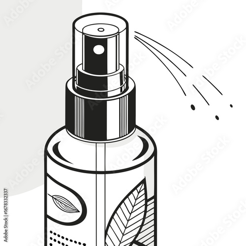 Stylized illustration of a black and white spray bottle dispensing a fine mist of liquid droplets