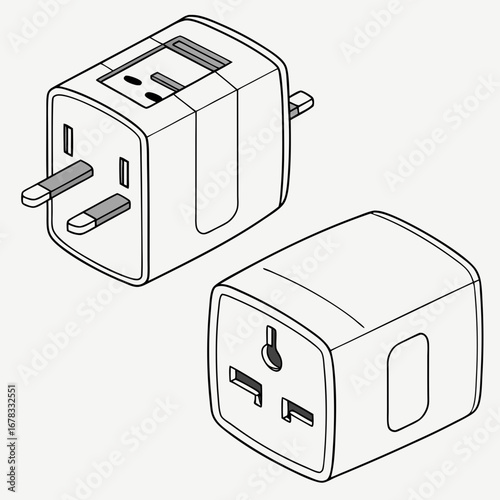 Two universal travel adapters shown from different angles one with uk plug pins and multiple socket types