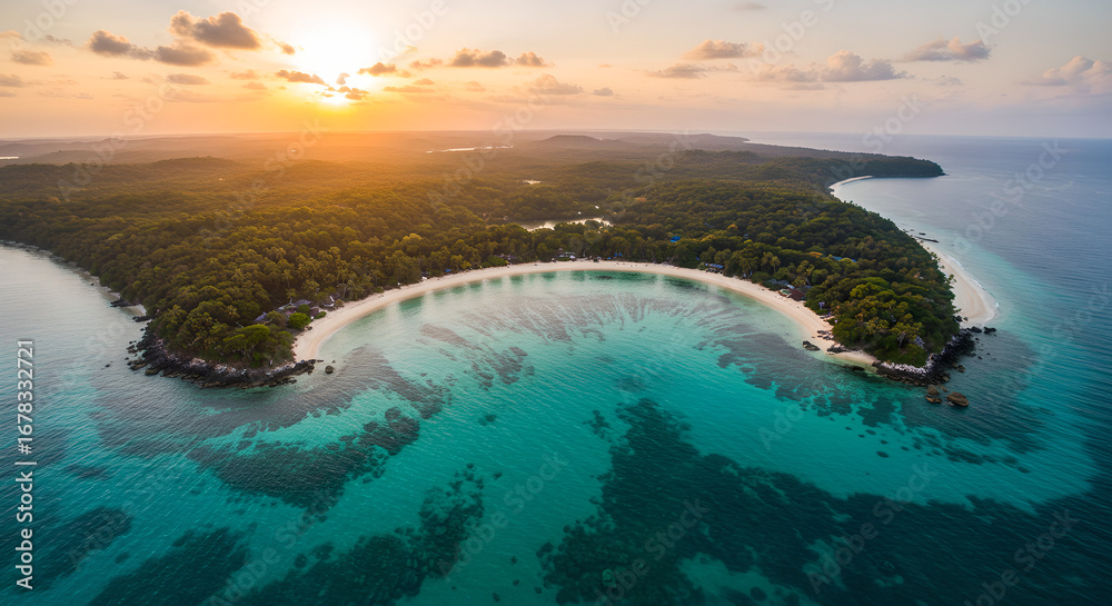 Fototapeta premium Breathtaking aerial view of tropical island beach and coral reefs at sunset