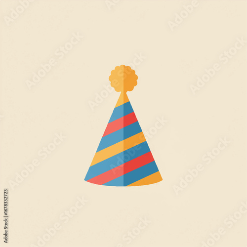 Simple striped party hat with a pompom on top, perfect for birthday invitations, party banners, and celebrationthemed designs for all ages.