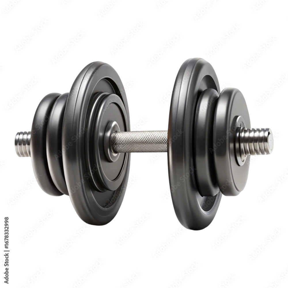 Naklejka premium A close up shot of a single adjustable dumbbell with plates on a black isolated background studio shot created with generated ai