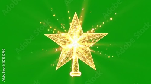 Sparkling Golden Christmas Star Tree Topper on Green Screen.