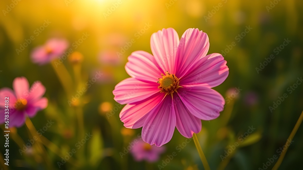Fototapeta premium A vibrant cosmos flower blooming in a sunlit green field, radiating natural beauty and tranquility.