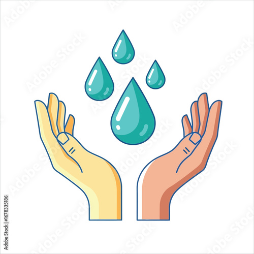 Vector illustration of hands holding fresh water drops, a symbol of conservation and charity. Clean water concept icon for ecology and sustainable living