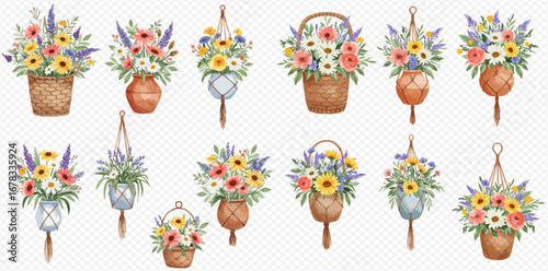 A beautiful collection of watercolor floral arrangements in rustic baskets, vases, and hanging macrame planters.