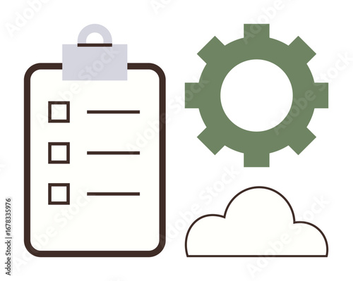 Minimalist gear, checklist, and cloud embody workflow, task management, and systems integration. Ideal for efficiency, planning, technology, operations automation teamwork simple flat metaphor