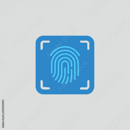 Blue fingerprint icon in a square scanner frame. Suitable for cybersecurity concepts, biometric technology, identification systems, data protection designs.