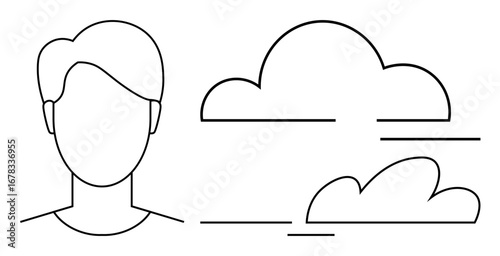Outlined human head next to flowing clouds, suggesting concepts thumbs up ideas, thoughts, imagination, innovation, and brainstorming. Ideal for creativity, innovation, mindfulness tranquility