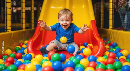 Excited Baby Boy Sliding into Ball Pit at Indoor Playground