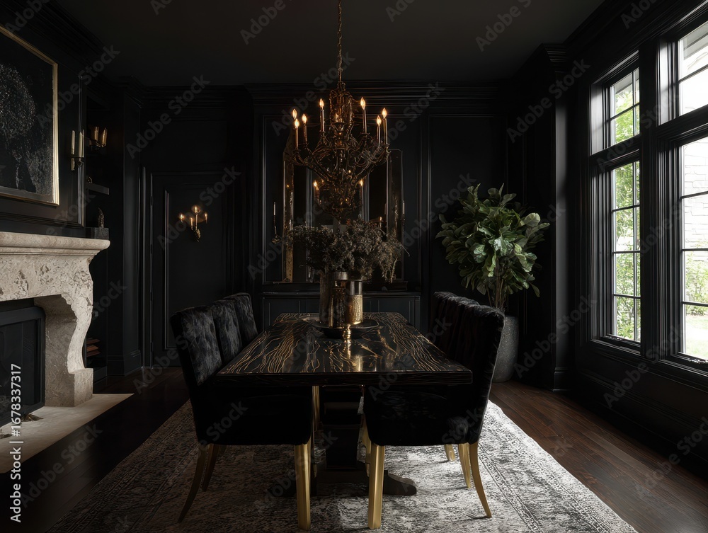 Fototapeta premium A luxurious, dark dining room boasts rich black decor, highlighted by gold accents and a stunning chandelier.